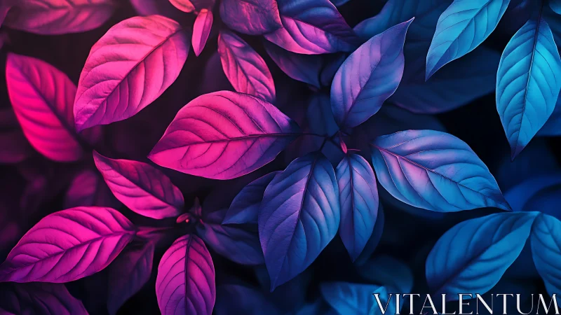 Neon twilight leaves humming with pink and electric blue glow.