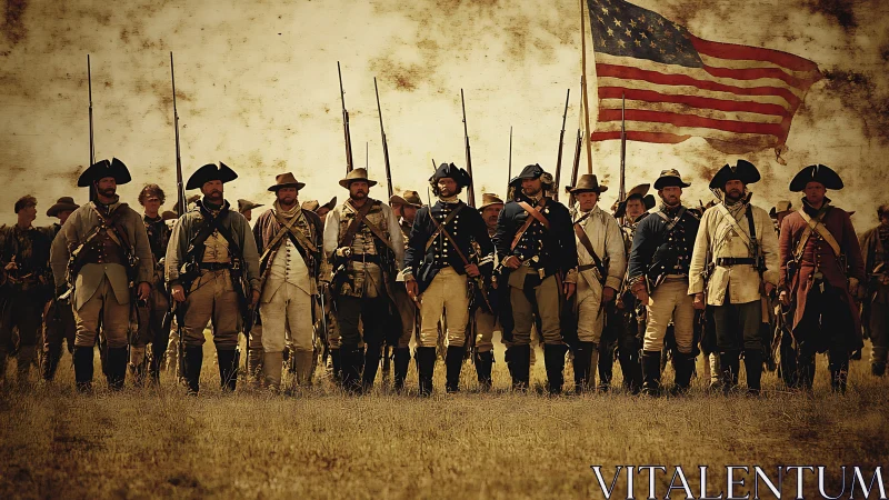 Colonial infantry line with muskets and early US flag raised high.