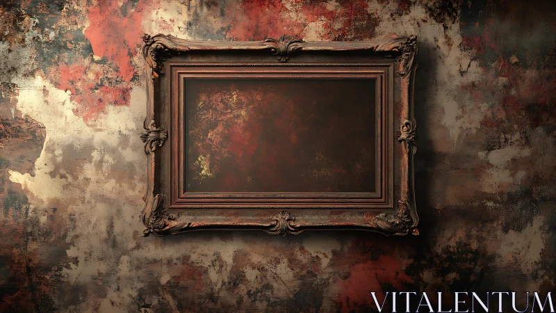 Ornate empty frame on distressed textured wall under moody lighting