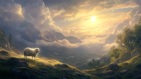 Solitary sheep stands on sunlit ridge beneath glowing sky
