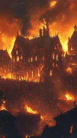 Gothic Estate Engulfed in Intense Inferno with Dynamic Flame Propagation