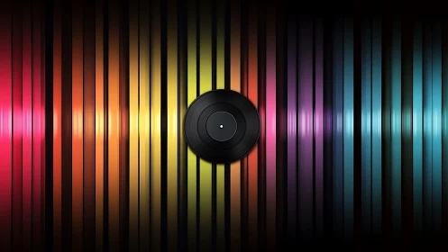 Colorful vinyl grooves glow softly around a central record