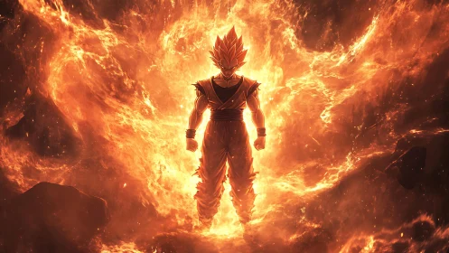 Anime energy warrior in infernal radial flame vortex composition.