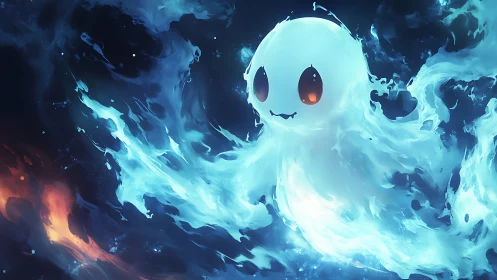 Luminous ghost drifts through swirling blue firestorm