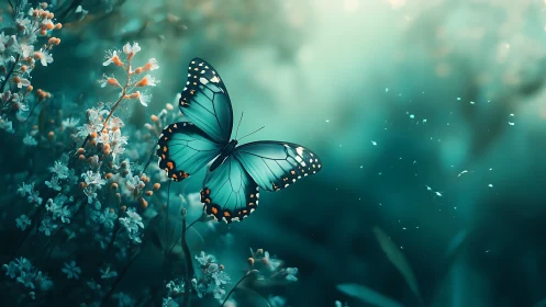Gentle turquoise butterfly drifts softly above dreamy wildflowers