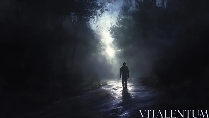 Solitary figure walking toward blinding forest light at night.