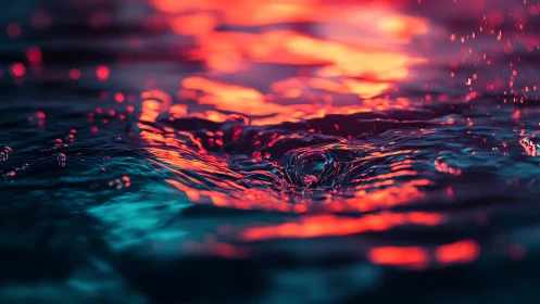 Neon reflections on rippling water surface at close range.