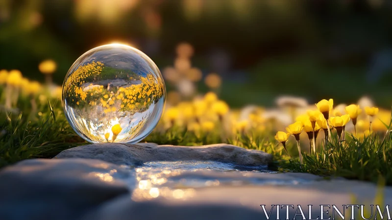 Optical caustics in crystal sphere amid sunlit yellow flora.