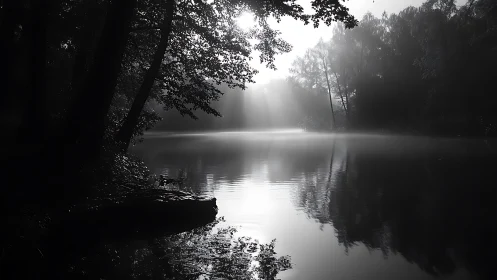 Misty Forest Lake at Dawn in Black and White Fine Art Style.