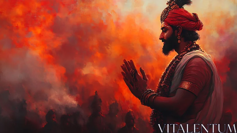 Side profile of robed man before fiery red background.