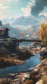 Forgotten river bridge under watchful winter mountains.