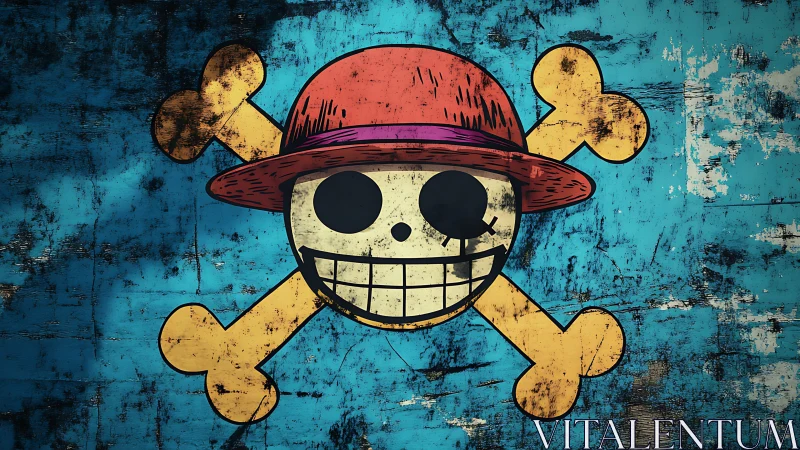 Skull-and-bones emblem with red hat on grunge blue wall.