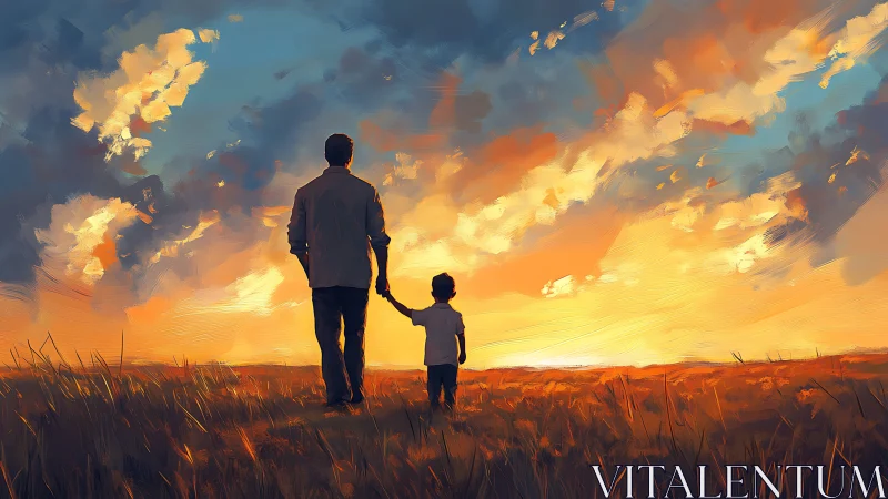 Sunset field stroll with painted father and child silhouettes.