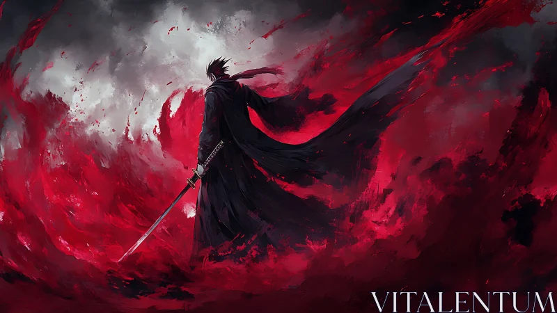 Lone swordbearer wrapped in crimson storm and shadowed fire.