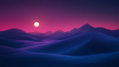 Neon moonrise drifting over electric indigo desert dunes.