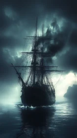 Moonlit phantom galleon carving through spectral sea fog.