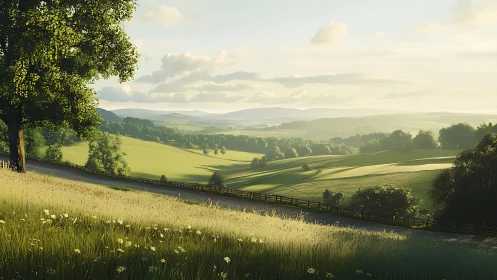 Digital rendering depicts rural hills, fields, road and trees