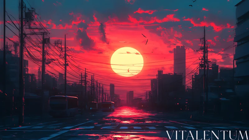 Neon sunset engulfs silent city street and power lines.