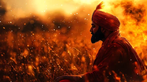 Meditative man in orange turban within burning golden field.