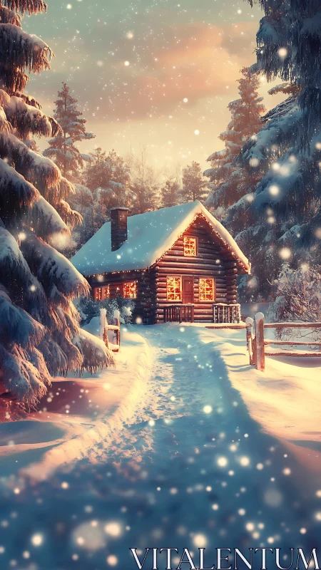 Snowlit cabin hums with golden warmth in the deep forest