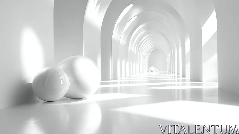 Minimalist White Corridor with Spheres