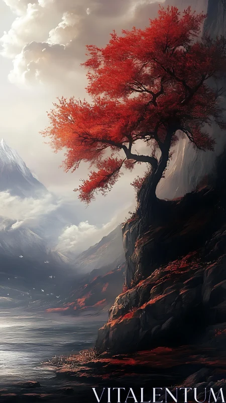 Windswept red tree crowns a sheer lakeside cliff in diffused light