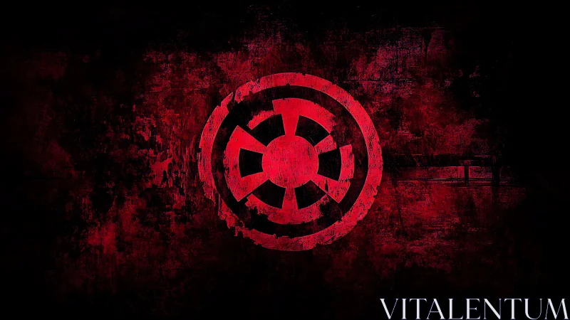 Crimson circular emblem glowing against rough dark void.