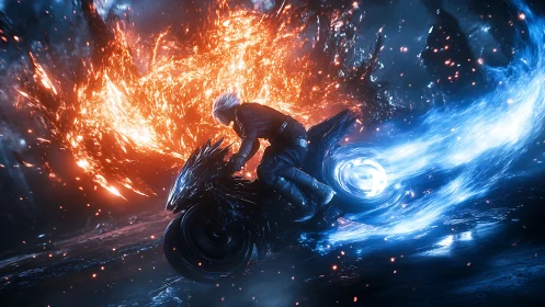 Cybernetic rider on energy bike crossing elemental firestorm