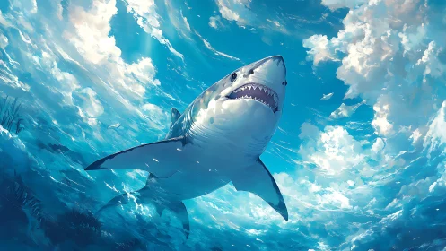 Powerful shark surges upward through sunlit ocean vortex