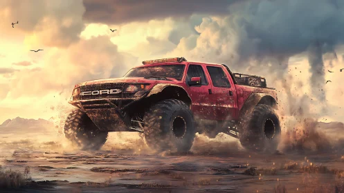 Red off-road truck crossing muddy desert terrain.