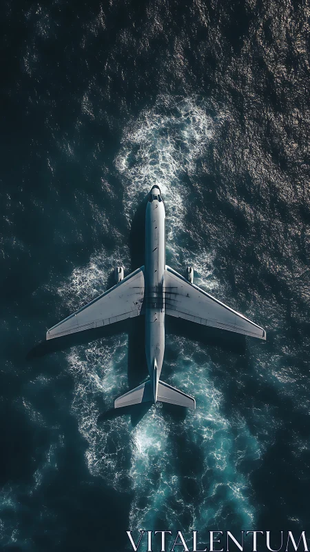 Aerial orthographic study of jetliner over turbulent ocean.