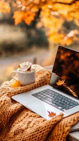 Cozy laptop workspace nestles into warm golden autumn light