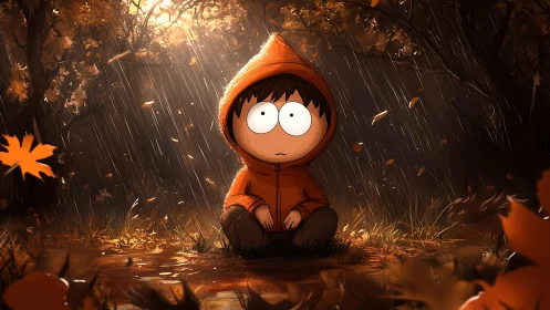 Cinematic digital painting of child in autumn rain forest.
