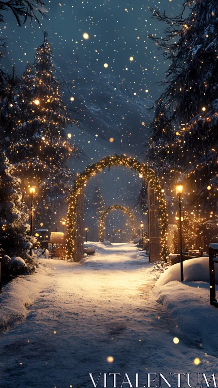 Snow-covered pathway with illuminated arches and trees at night.