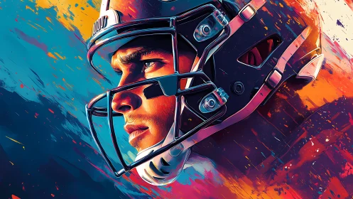 Gridiron gaze ignites in neon-splashed warrior portrait.