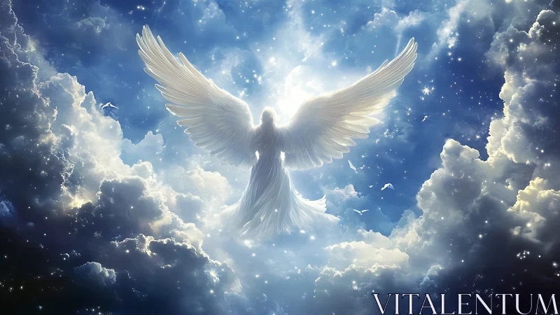 Radiant celestial angel ascending through luminous clouds.