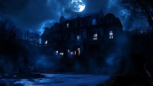 Moonlit Victorian mansion with volumetric fog and high contrast lighting
