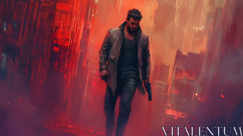 Lone armed figure walks through neon-soaked cyberpunk haze