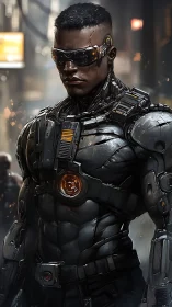 Cybernetic urban soldier with armored exosuit and visor.