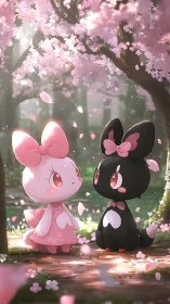 Cartoon rabbit characters beneath blooming cherry trees.