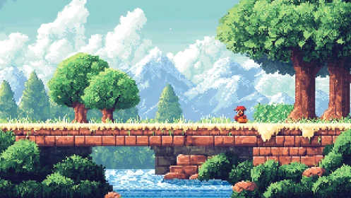Tiny red adventurer crossing a sunlit pixel river bridge.