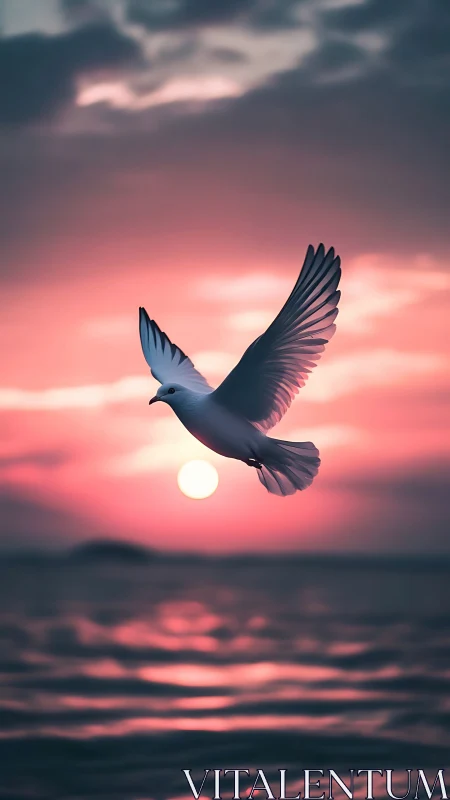 Seagull in mid-flight cuts across luminous magenta seascape