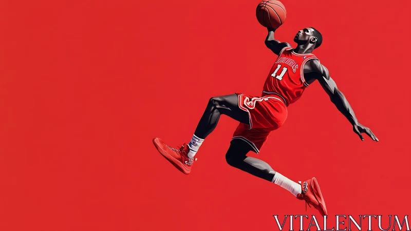 Basketball player executes suspended jump shot against red field