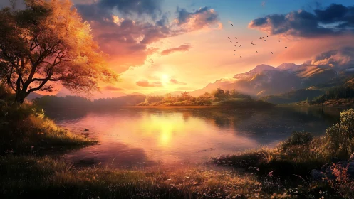 Sunset light floods tranquil mountain lake landscape