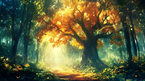 Forest pathway with backlighting through layered canopy.