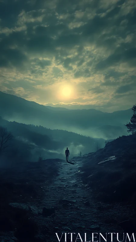 Backlit hiker on misty mountain path under diffuse sunrise glow