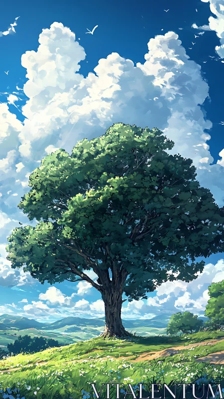 Solitary oak crowns sunlit meadow under towering clouds.