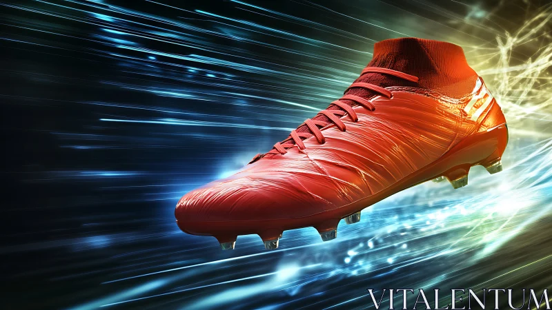 Sleek red football boot racing through electric light trails.