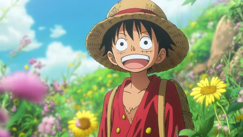 Straw-hatted anime boy smiles brightly in sunny wildflower field