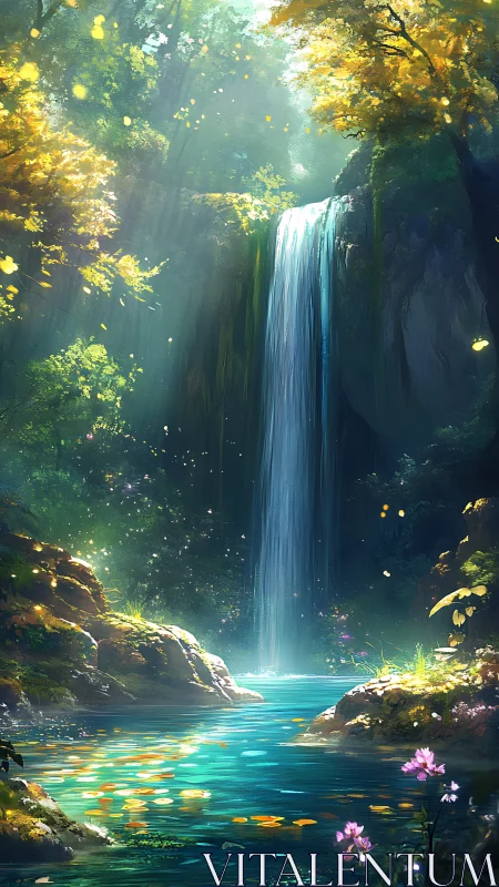Luminous forest waterfall cascades into a tranquil turquoise pool